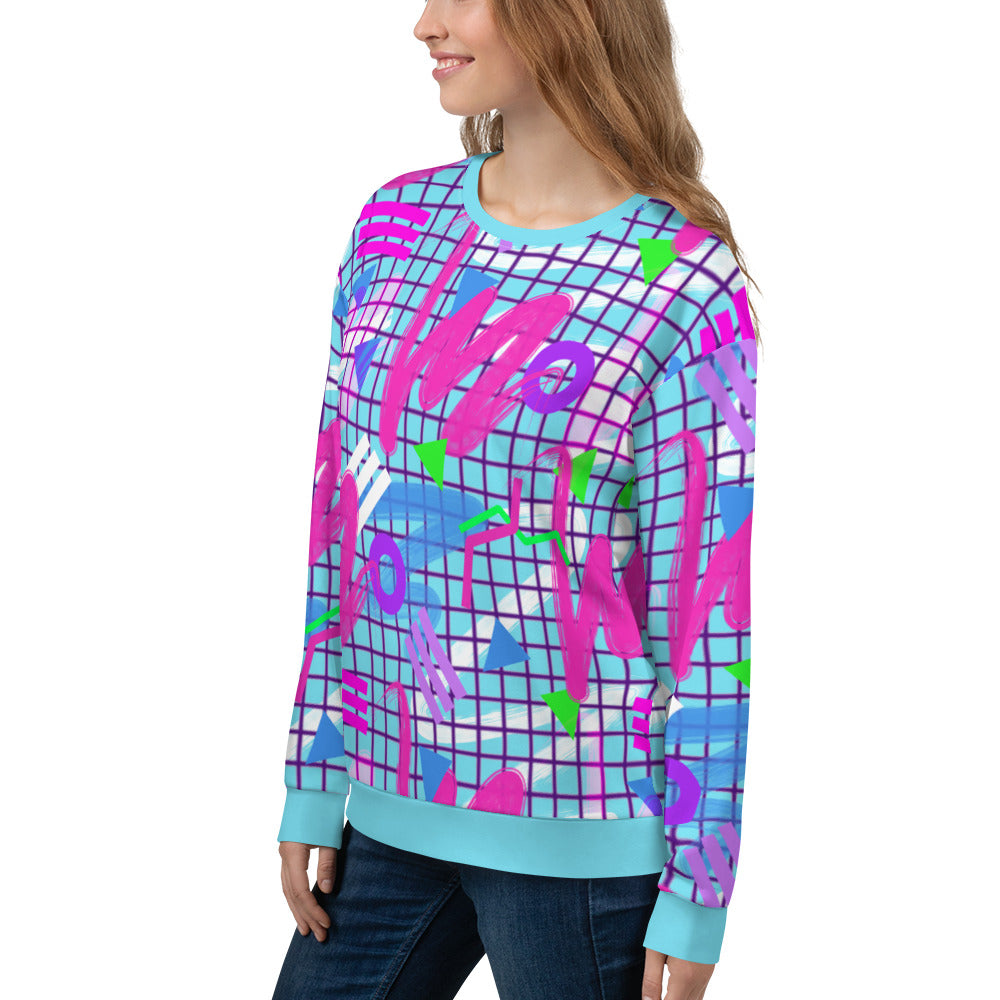 Colourful squiggles and geometric shapes in an 80s Memphis design and 90s Vaporwave style in pink, purple, green and blue, unisex sweatshirt sweater pullover by BillingtonPix