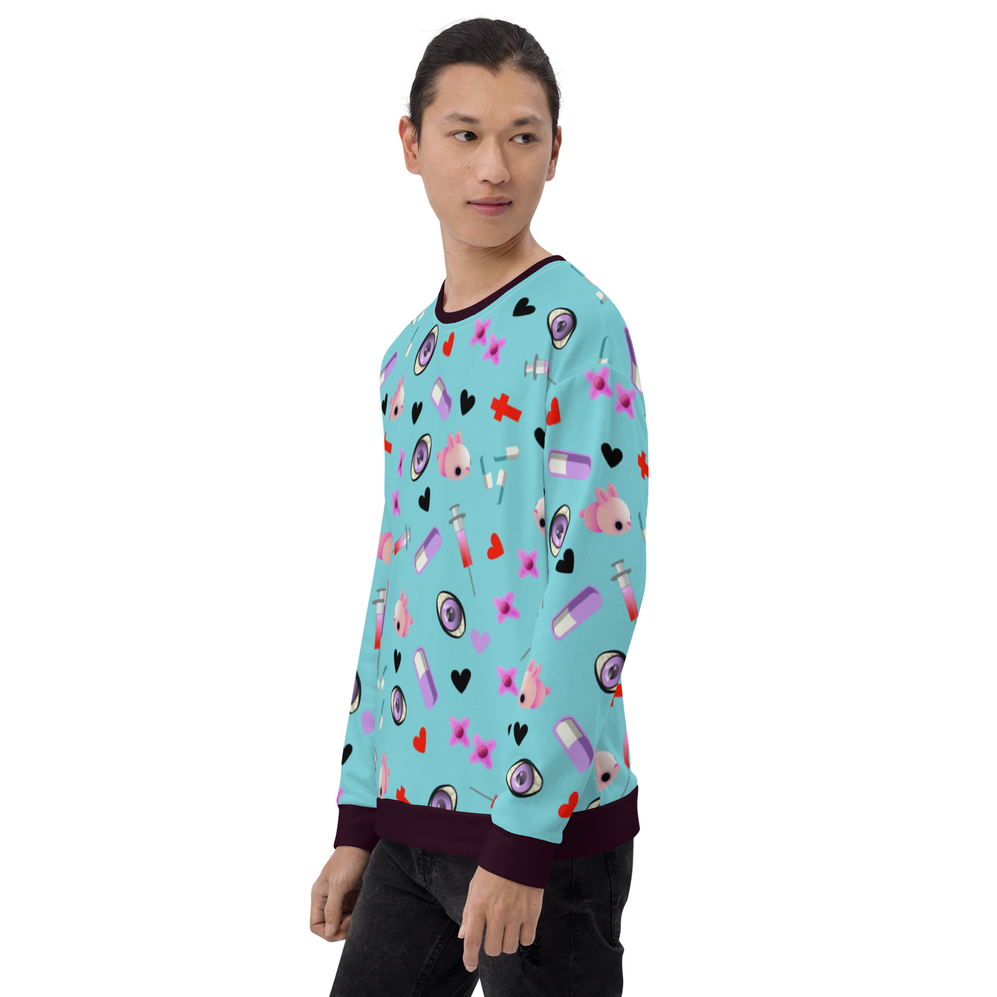 Turquoise Menhera Kei Yami Harajuku fashion sweatshirt, containing a collection of Menhera Kei symbols such as pills, syringes, spooky eyes, crosses and black hearts by BillingtonPix