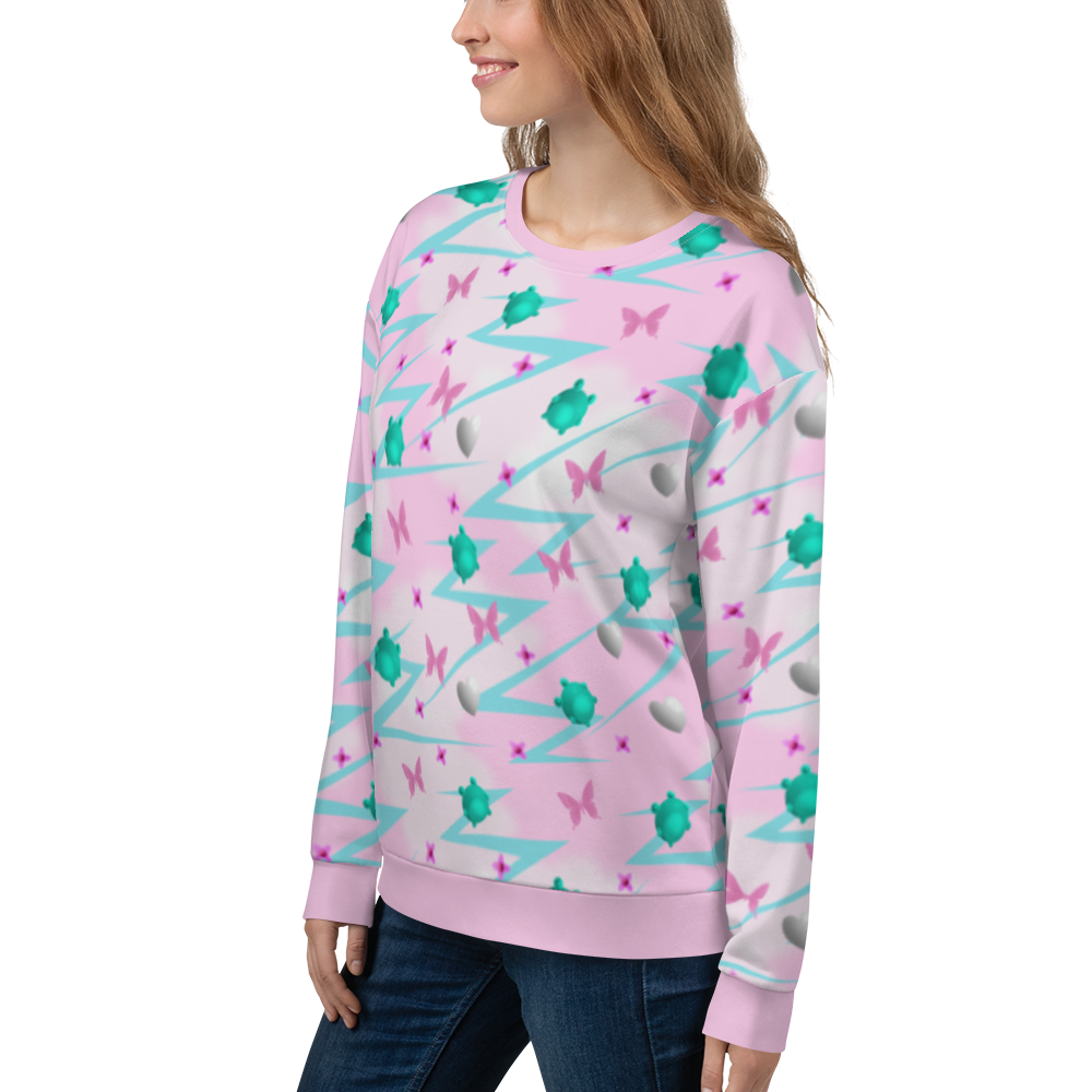 Stunning Yume Kawaii pink Fairy Kei Harajuku aesthetic design unisex sweatshirt, with turquoise blue frogs and pink butterflies, silver hearts and pink flowers in a mystical pattern of decora kei and pop kei design on this sweater by BillingtonPix