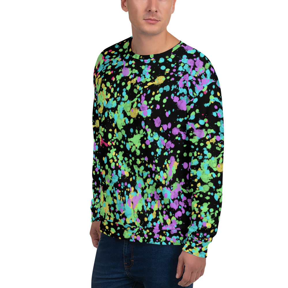 LGBT shirt with rainbow flag ink splats against a black background on this unisex sweatshirt pullover by BillingtonPix