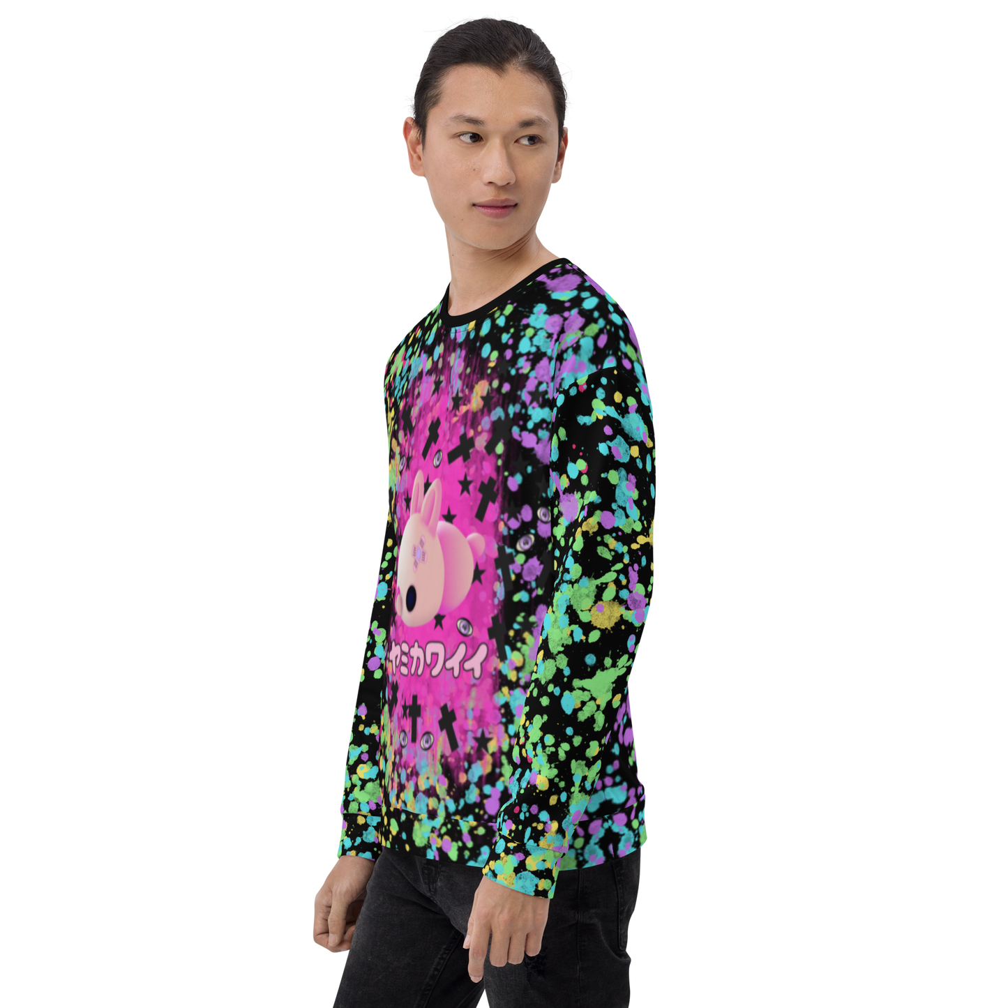 Multicolored LGBTQ Pride themed unisex sweatshirt with rainbow flag colored paint splats and a sickly mochi mouse in pink against a bright pink nebula with dark crosses and spooky eyeballs on this Menhera kei and Yami Kawaii Harajuku fashion pullover