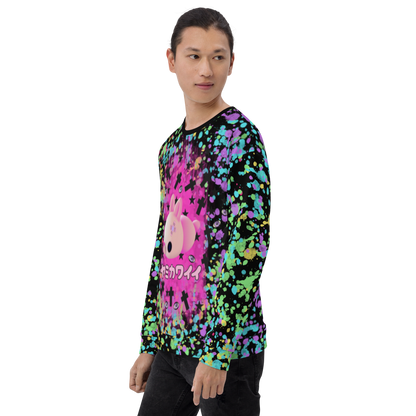 Multicolored LGBTQ Pride themed unisex sweatshirt with rainbow flag colored paint splats and a sickly mochi mouse in pink against a bright pink nebula with dark crosses and spooky eyeballs on this Menhera kei and Yami Kawaii Harajuku fashion pullover