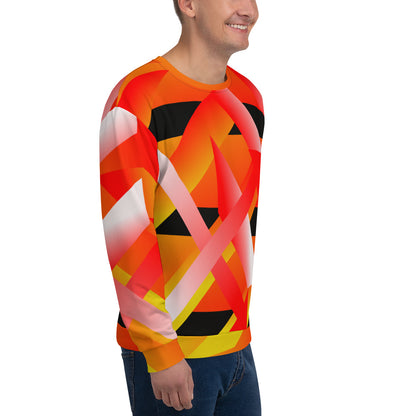 90s retro style geometric patterned sweatshirt in tones of orange, red, yellow, black and white by BillingtonPix