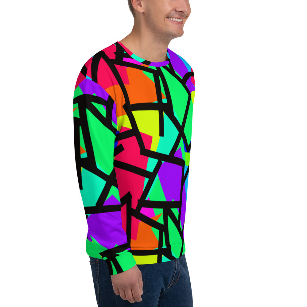 Bright and colourful geometric patterned design in orange, green, purple, blue, red and turquoise with a black geometric overlay on this sweatshirt by BillingtonPix