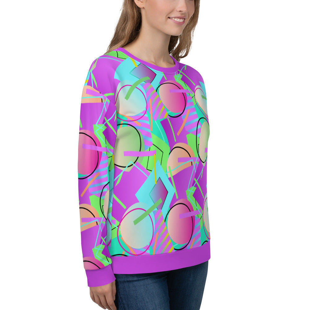 80s Memphis design unisex sweatshirt athleisure top in a vibrant geometric all-over pattern of circles, squares and stripes in tones of blue, magenta purple, orange and green by BillingtonPix