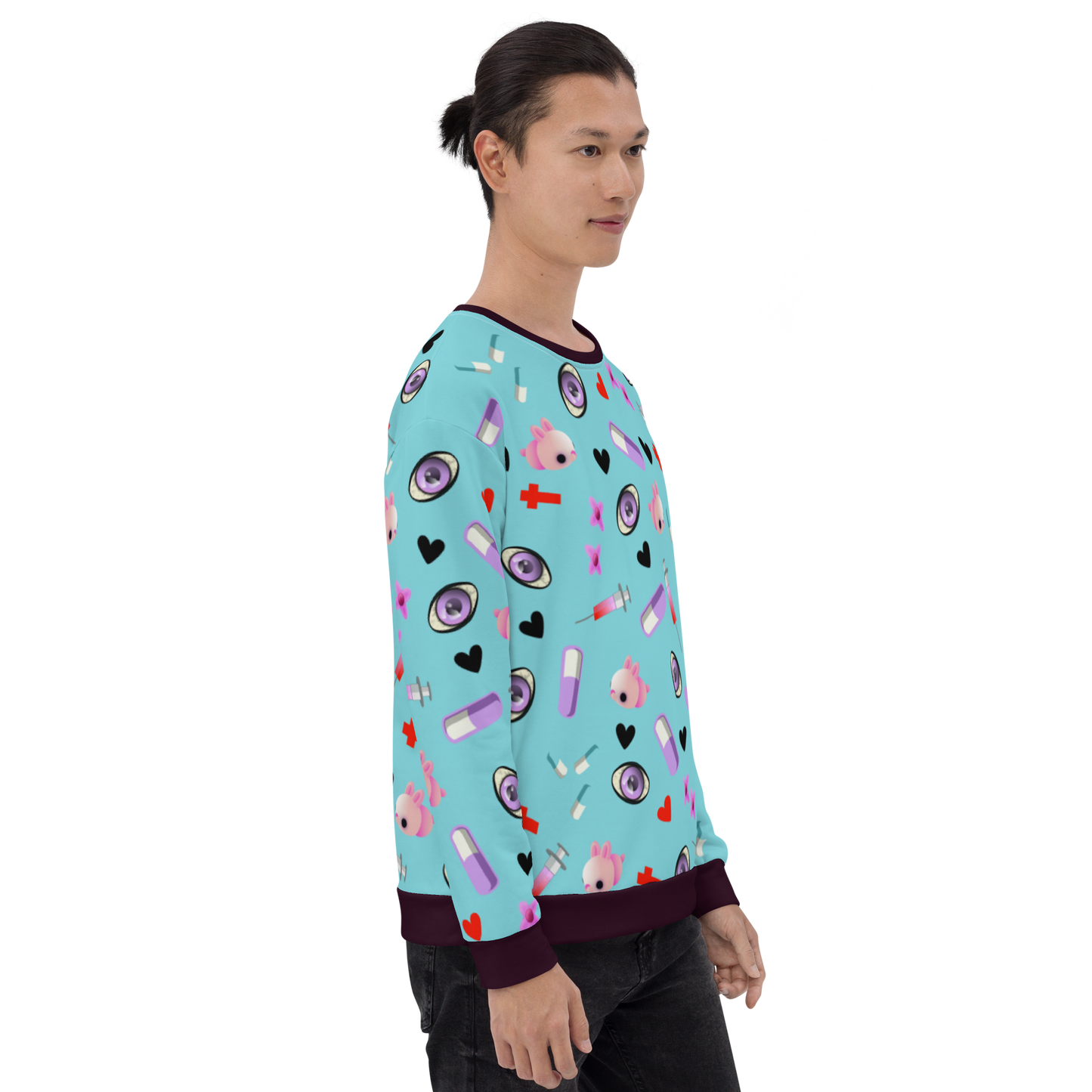 Turquoise Menhera Kei Yami Harajuku fashion sweatshirt, containing a collection of Menhera Kei symbols such as pills, syringes, spooky eyes, crosses and black hearts by BillingtonPix