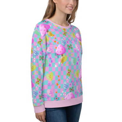 Fairy Kei Harajuku and Yume Kawaii Japanese streetwear style sweatshirt. With a chequered design in baby blue and pink with an overlay of mean love hearts and Japanese words and phrases this sweater brings out the Yami Kawaii and Menhera Kei hurt and sorrow emotions.