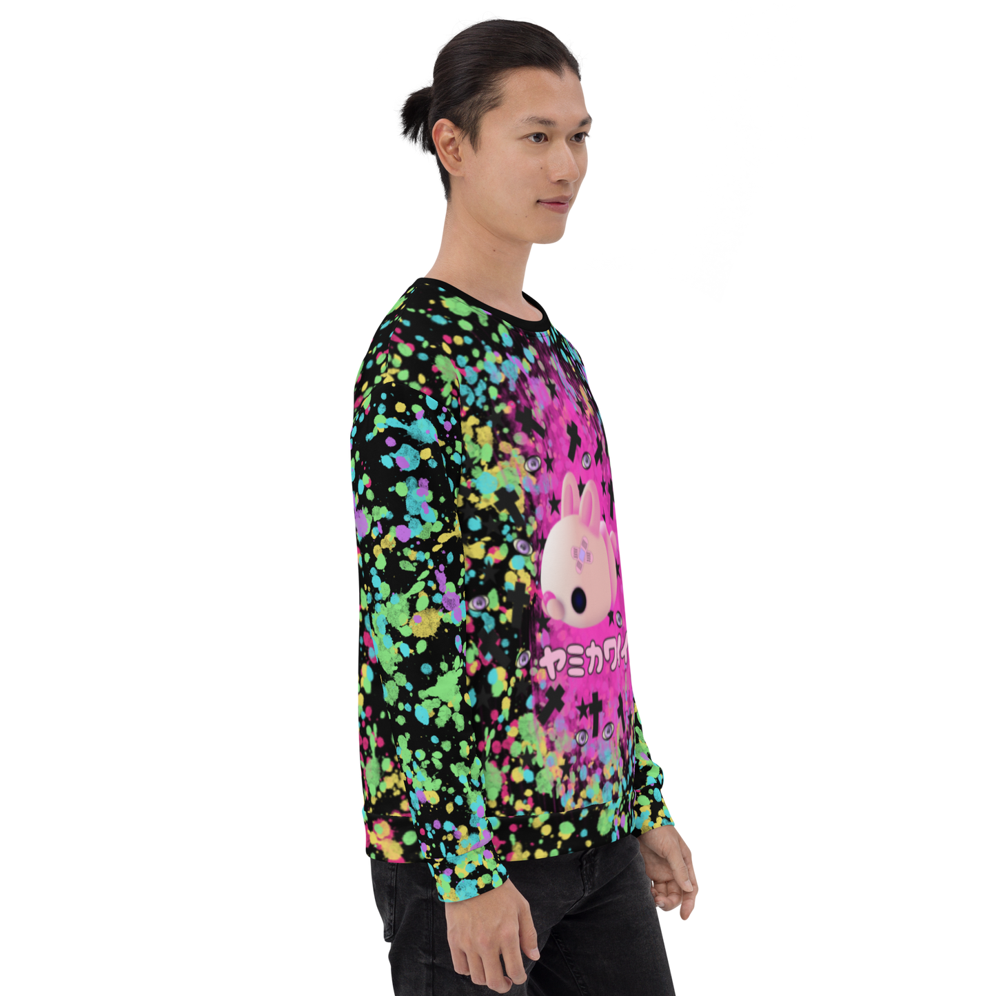 Multicolored LGBTQ Pride themed unisex sweatshirt with rainbow flag colored paint splats and a sickly mochi mouse in pink against a bright pink nebula with dark crosses and spooky eyeballs on this Menhera kei and Yami Kawaii Harajuku fashion pullover