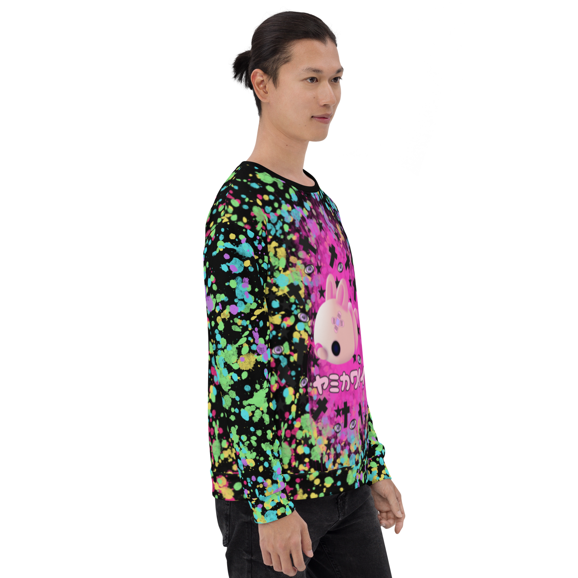 Multicolored LGBTQ Pride themed unisex sweatshirt with rainbow flag colored paint splats and a sickly mochi mouse in pink against a bright pink nebula with dark crosses and spooky eyeballs on this Menhera kei and Yami Kawaii Harajuku fashion pullover