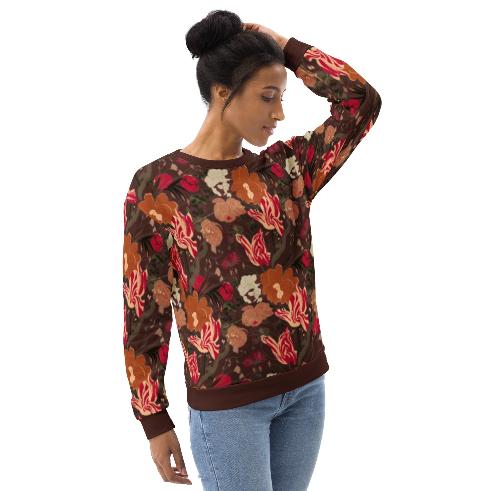 Victorian gothic dark academia and dark cottagecore all-over print floral sweatshirt in ox-blood red with viva magenta tulips and rich browns and oranges. Unisex long sleeve with crew neck, waistband and cuffs in matching brown. 