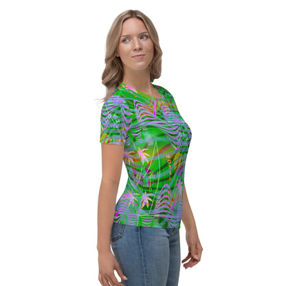 Green vaporwave all-over print sublimation t-shirt for women. Japanese jfashion motifs such as neoncore vintage sunsets and las vegas palms with a swirly pattern on this womens crew neck short sleeve tee by BillingtonPix