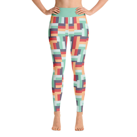  The design on this vintage mid century modern style printed patterned yoga pants consists of geometric blocks of summertime colours of peach, raspberry, mint and aubergine with a high waisted block of mint colour for added security