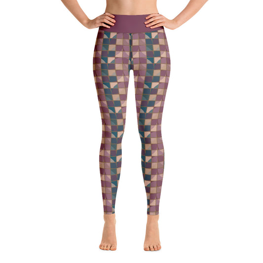 These yoga leggings consist of a mosaic pattern of abstract geometric shapes in purple and teal providing an almost gothic feel