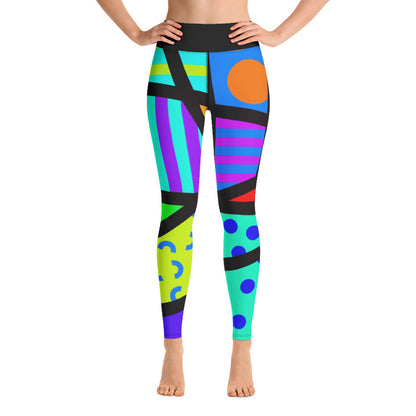 Retro 80s style Memphis design yoga leggings for women in popping and colourful geometric shapes, stripes and crazy patterns by BillingtonPix