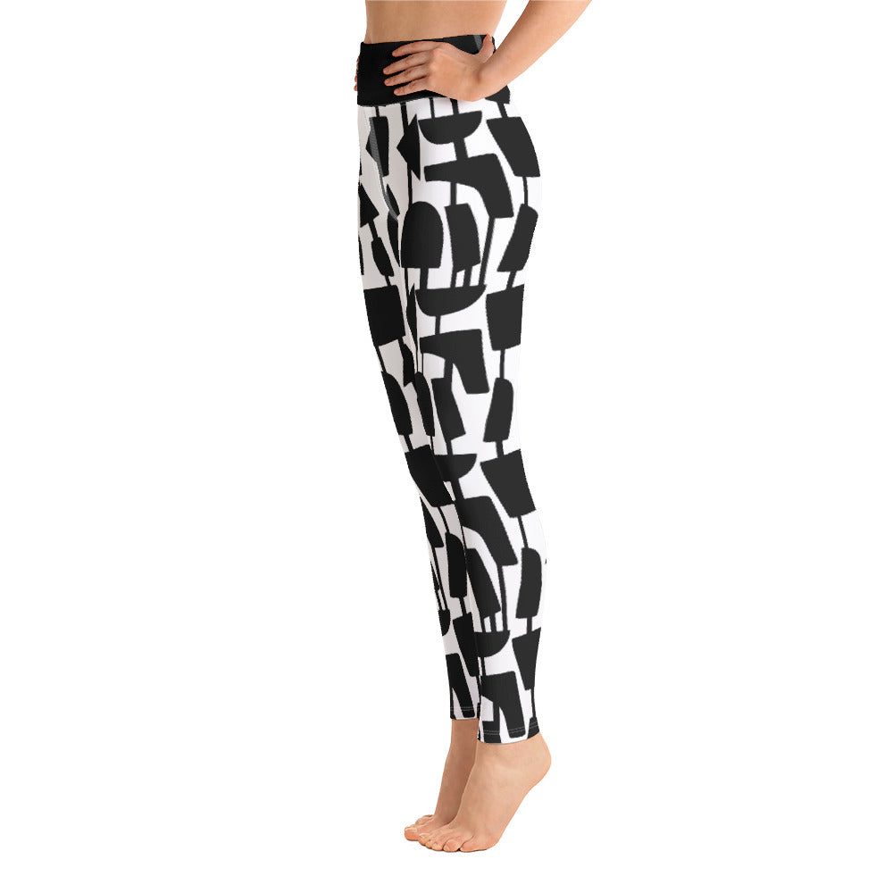 This Mid-Century Modern style black and white yoga leggings pattern consists of black irregular abstract shapes connected vertically by black strings against a white background with a high waistband and inside pocket