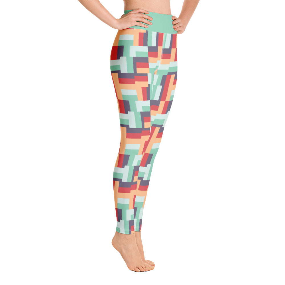  The design on this vintage mid century modern style printed patterned yoga pants consists of geometric blocks of summertime colours of peach, raspberry, mint and aubergine with a high waisted block of mint colour for added security