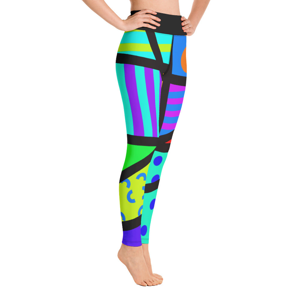 Retro 80s style Memphis design yoga leggings for women in popping and colourful geometric shapes, stripes and crazy patterns by BillingtonPix