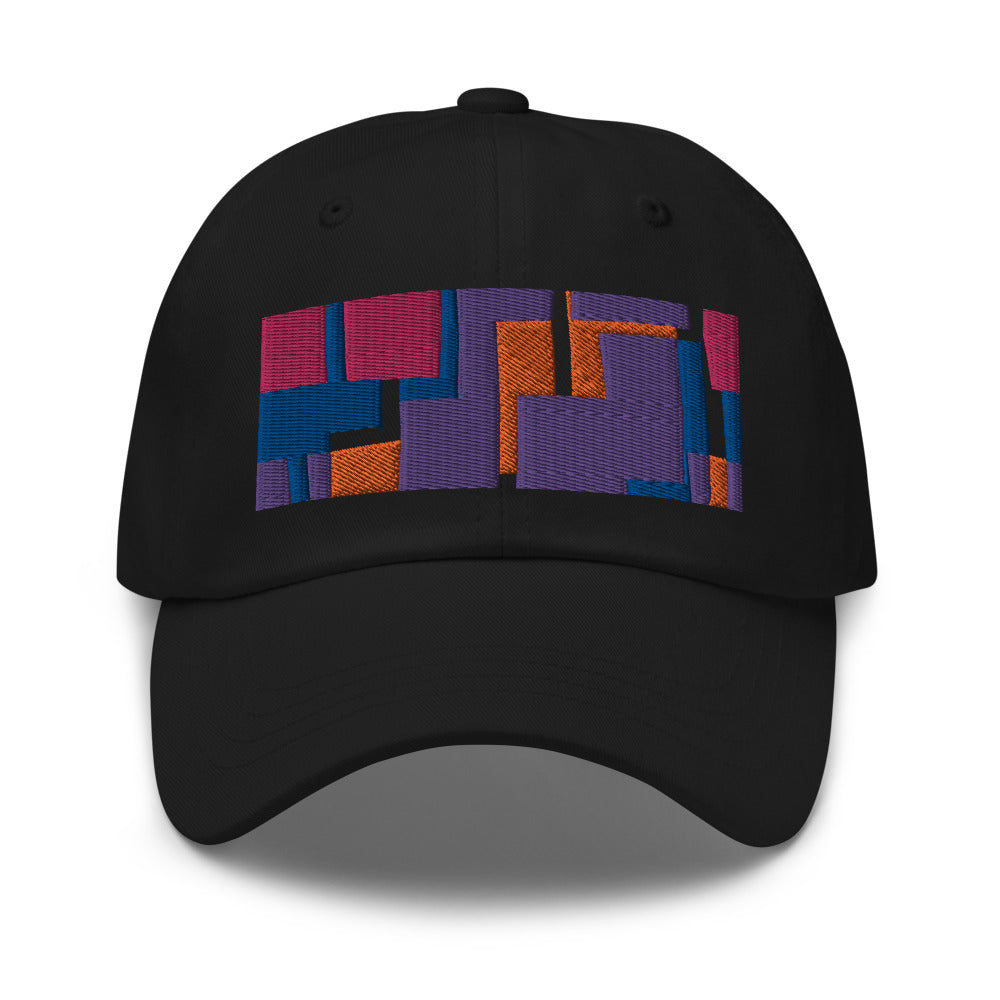 Colorful pink, orange, purple and blue geometric shapes patterned rectangular logo on this black colored dad hat