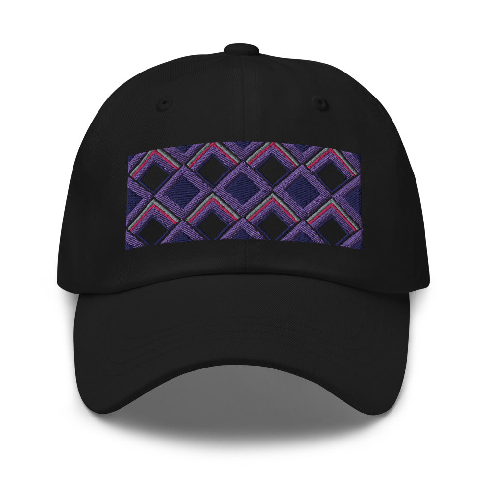 Purple diamonds with purple, navy and pink tones in this geometric 1960s inspired retro design logo on this dad hat