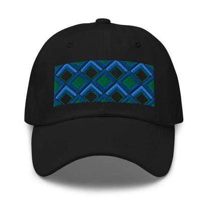 Blue diamonds with green and turquoise tones in this geometric 1960s inspired retro design logo on this dad hat