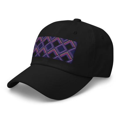 Purple diamonds with purple, navy and pink tones in this geometric 1960s inspired retro design logo on this dad hat