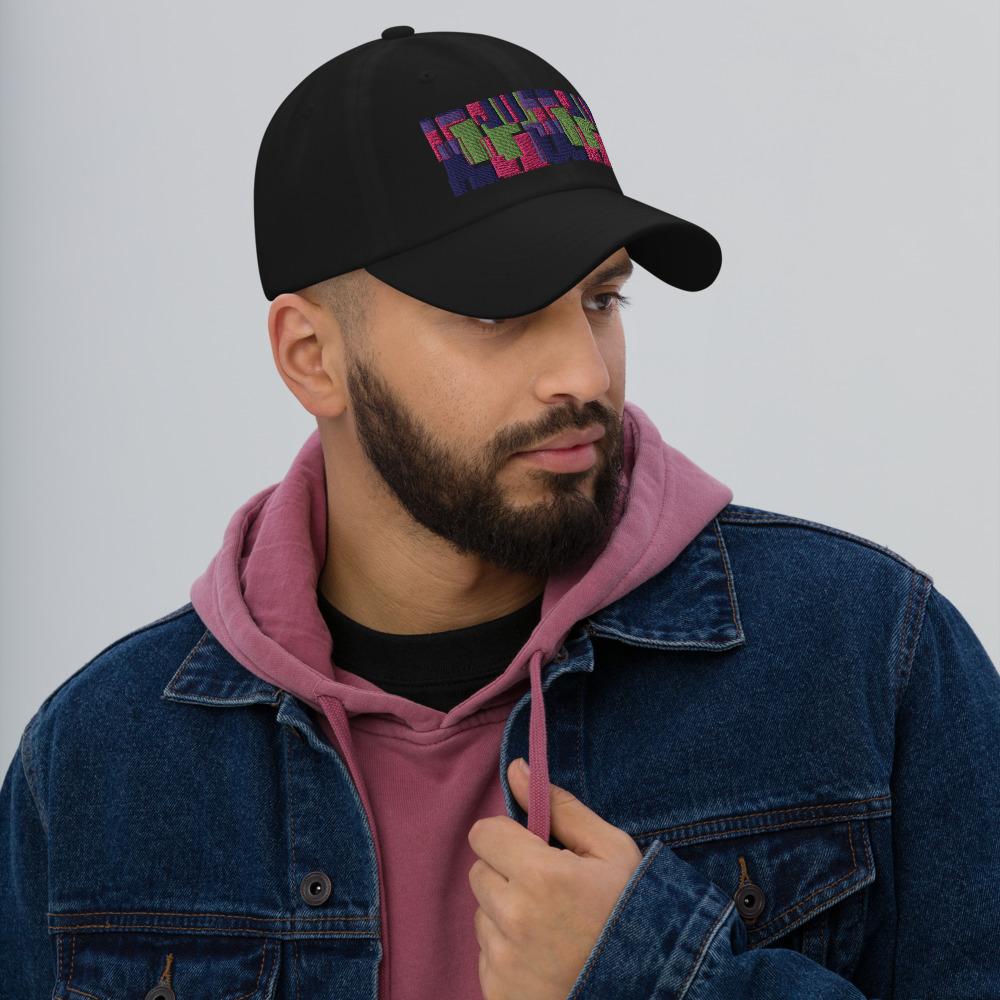 Black colored dad hat with retro 60s style geometric pattern logo in threads of lime green, pink, purple and indigo