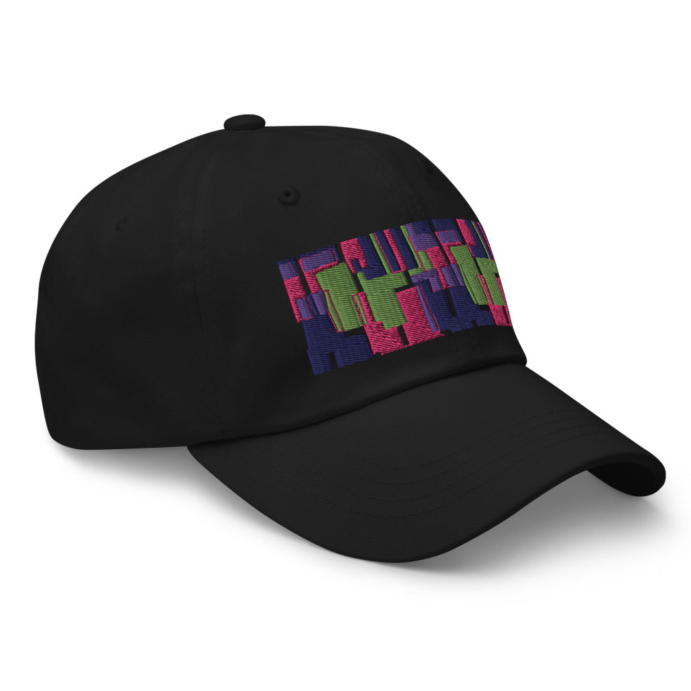 Black colored dad hat with retro 60s style geometric pattern logo in threads of lime green, pink, purple and indigo