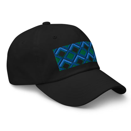 Blue diamonds with green and turquoise tones in this geometric 1960s inspired retro design logo on this dad hat