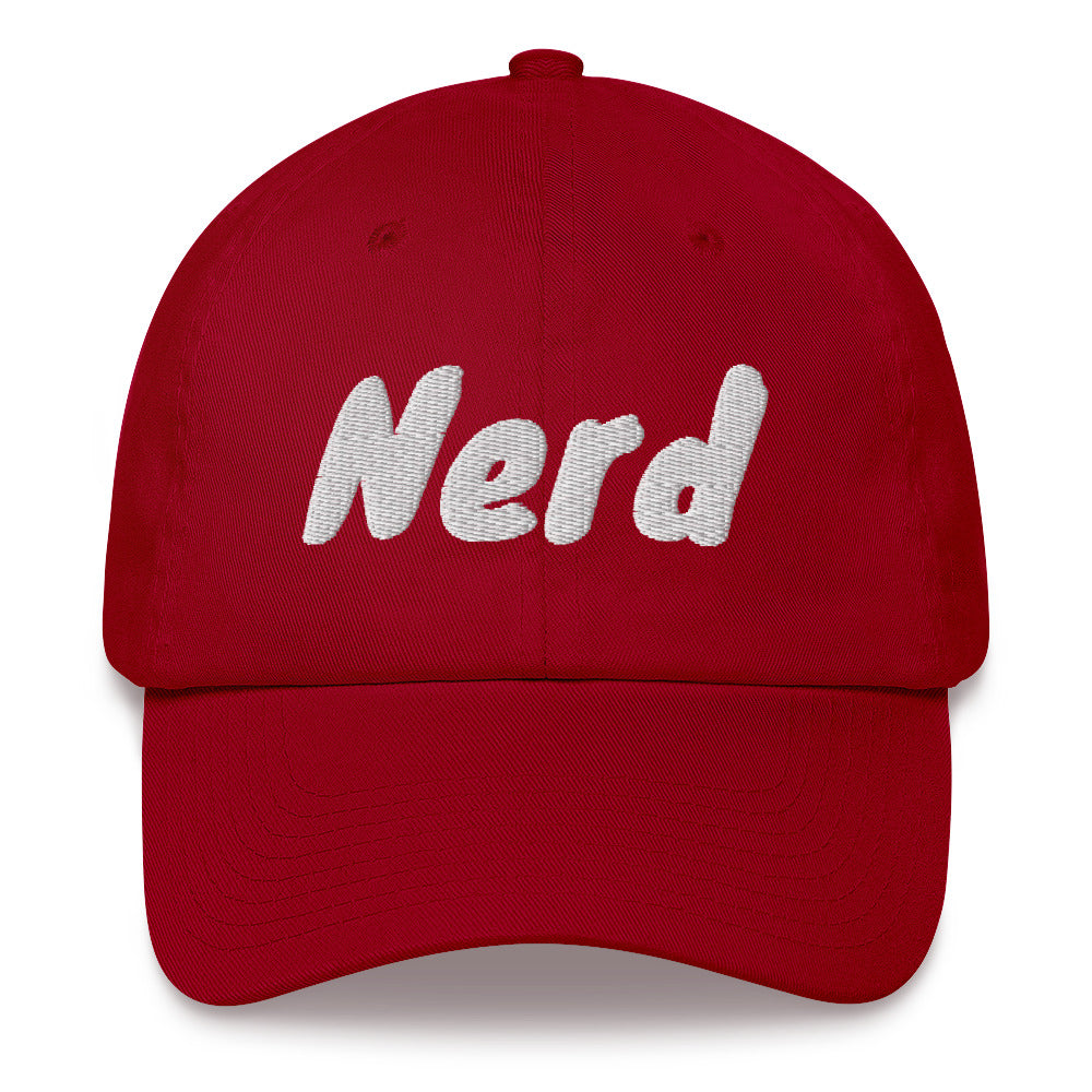 Dad hat with the slogan Nerd in white thread against coloured caps by BillingtonPix