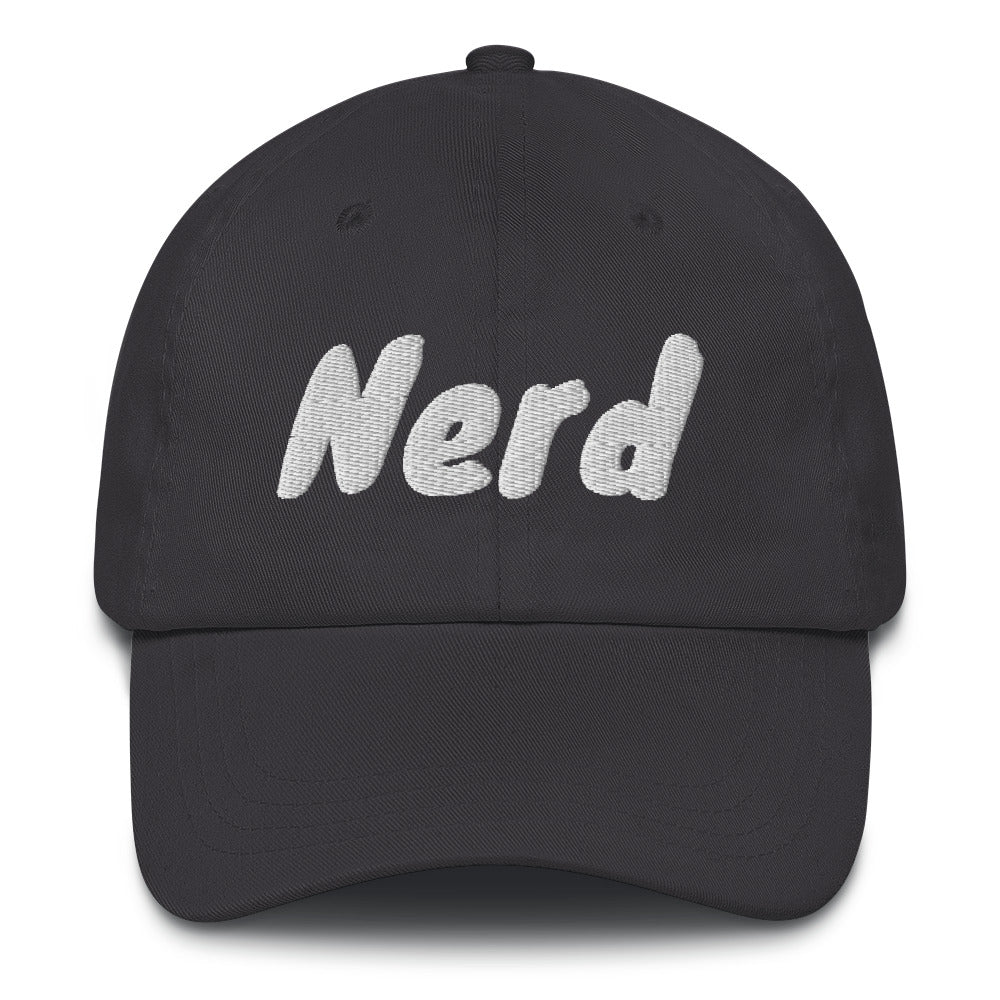 Dad hat with the slogan Nerd in white thread against coloured caps by BillingtonPix