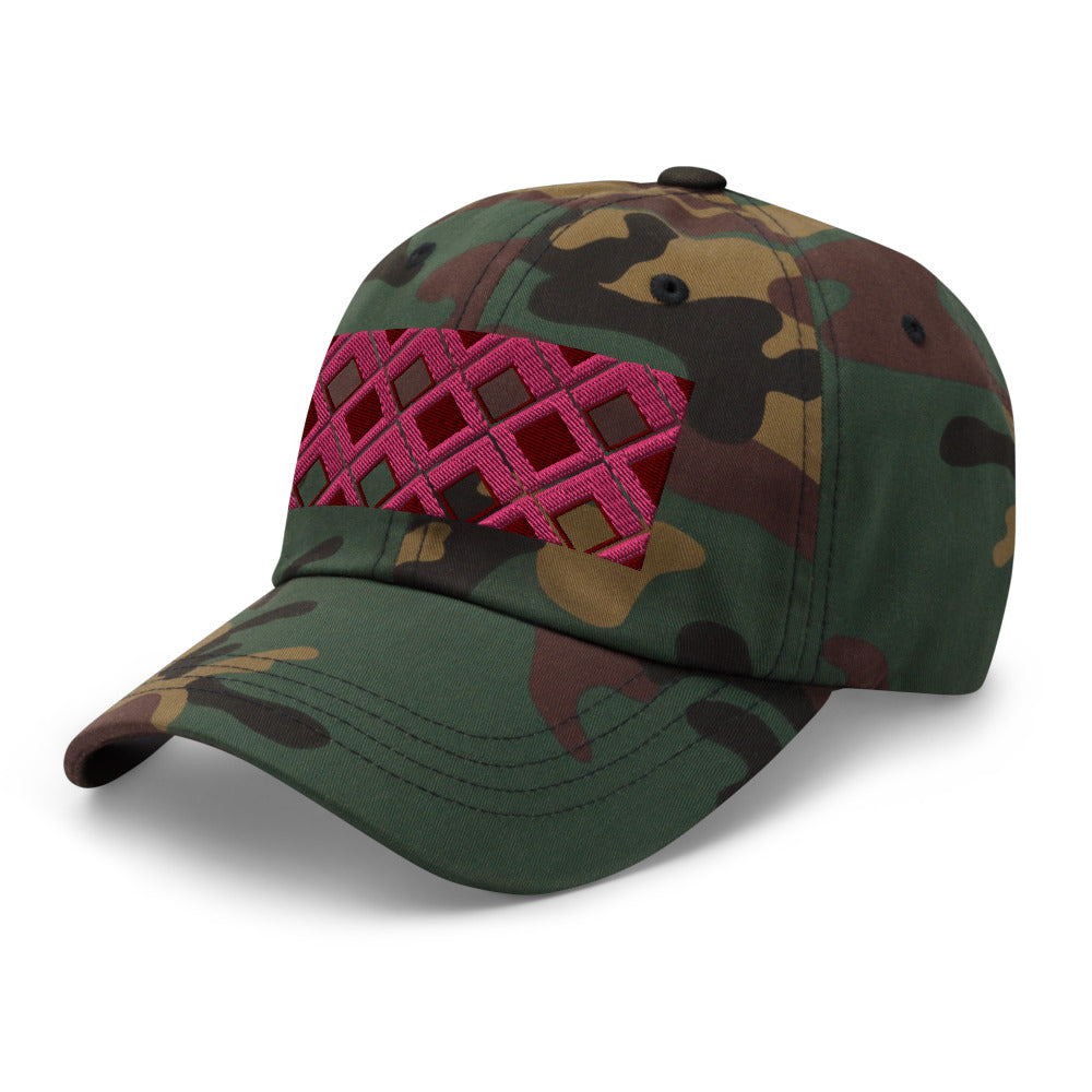 Pink diamonds with pink, burgundy and navy tones in this geometric 1960s inspired retro design logo on this dad hat