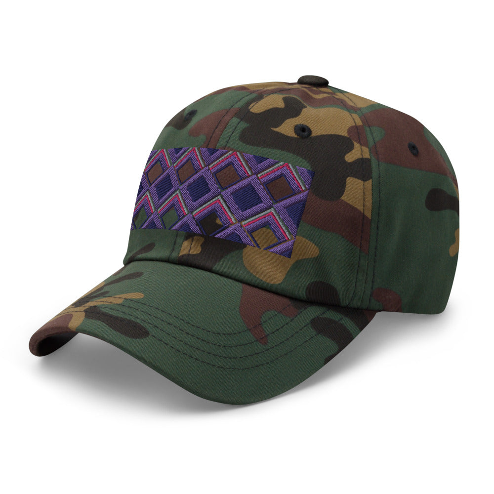 Purple diamonds with purple, navy and pink tones in this geometric 1960s inspired retro design logo on this dad hat