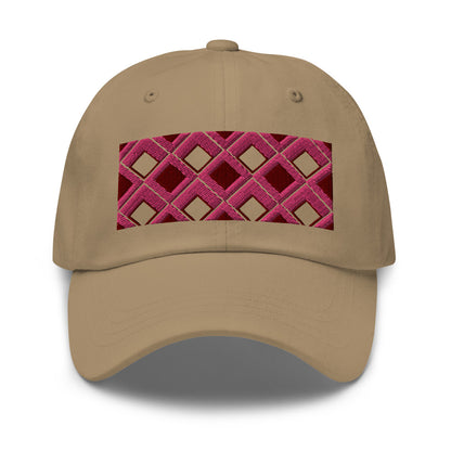 Pink diamonds with pink, burgundy and navy tones in this geometric 1960s inspired retro design logo on this dad hat