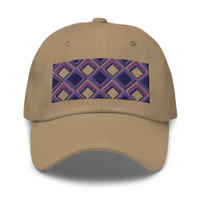 Purple diamonds with purple, navy and pink tones in this geometric 1960s inspired retro design logo on this dad hat