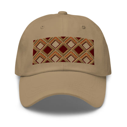 Brown diamonds with burgundy, orange and navy tones in this geometric 1960s inspired retro design logo on this dad hat