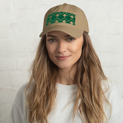 Green diamonds with green and yellow tones in this geometric 1960s inspired retro design logo on this dad hat