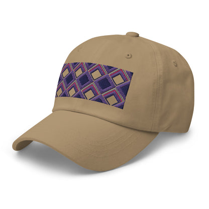 Purple diamonds with purple, navy and pink tones in this geometric 1960s inspired retro design logo on this dad hat