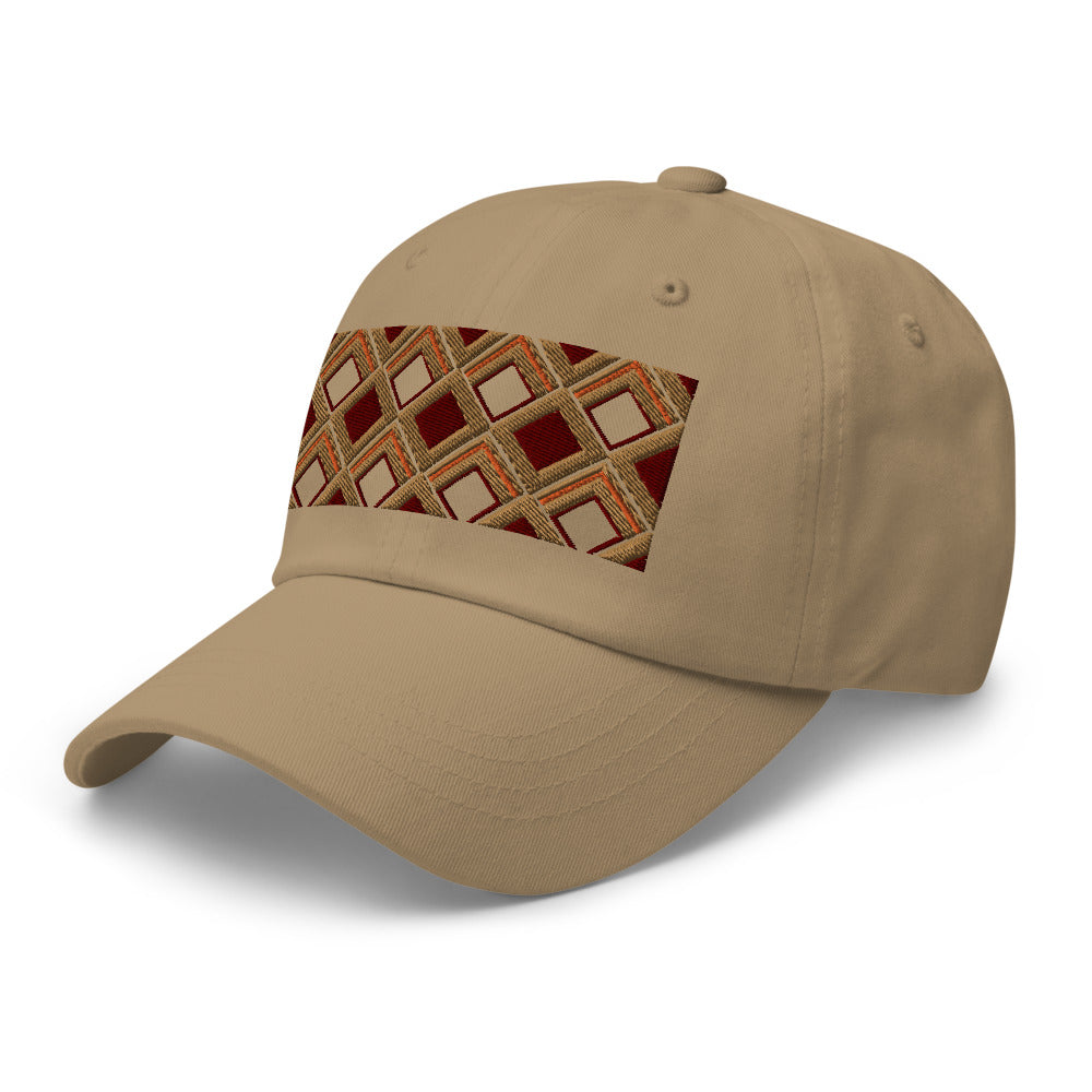 Brown diamonds with burgundy, orange and navy tones in this geometric 1960s inspired retro design logo on this dad hat