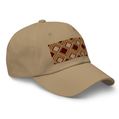 Brown diamonds with burgundy, orange and navy tones in this geometric 1960s inspired retro design logo on this dad hat