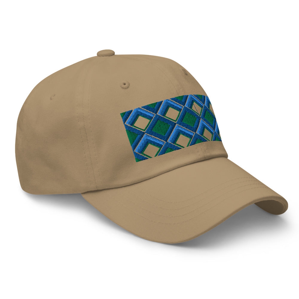 Blue diamonds with green and turquoise tones in this geometric 1960s inspired retro design logo on this dad hat