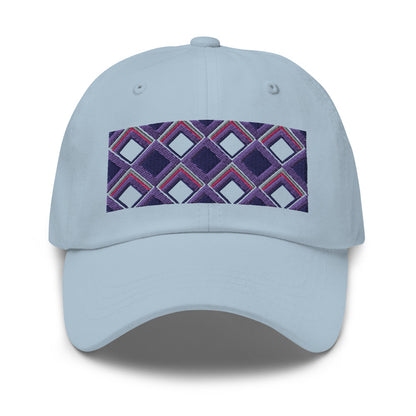 Purple diamonds with purple, navy and pink tones in this geometric 1960s inspired retro design logo on this dad hat