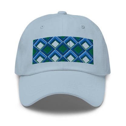 Blue diamonds with green and turquoise tones in this geometric 1960s inspired retro design logo on this dad hat