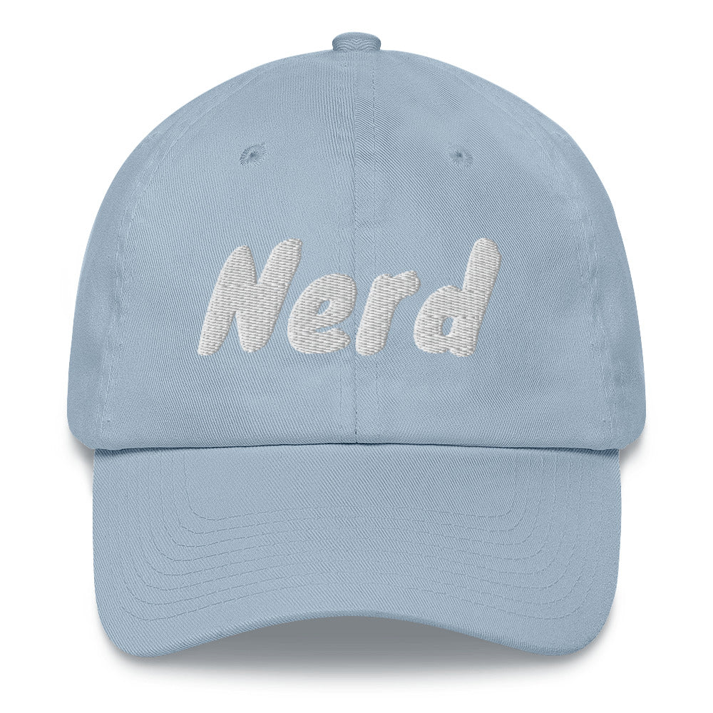 Dad hat with the slogan Nerd in white thread against coloured caps by BillingtonPix