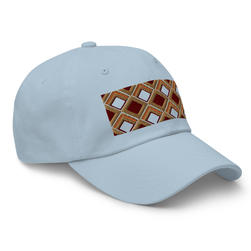 Brown diamonds with burgundy, orange and navy tones in this geometric 1960s inspired retro design logo on this dad hat