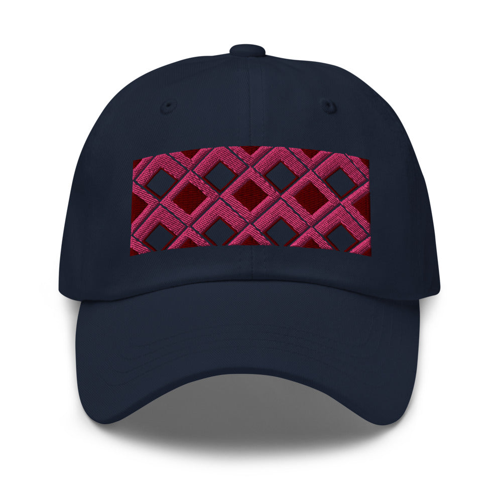 Pink diamonds with pink, burgundy and navy tones in this geometric 1960s inspired retro design logo on this dad hat