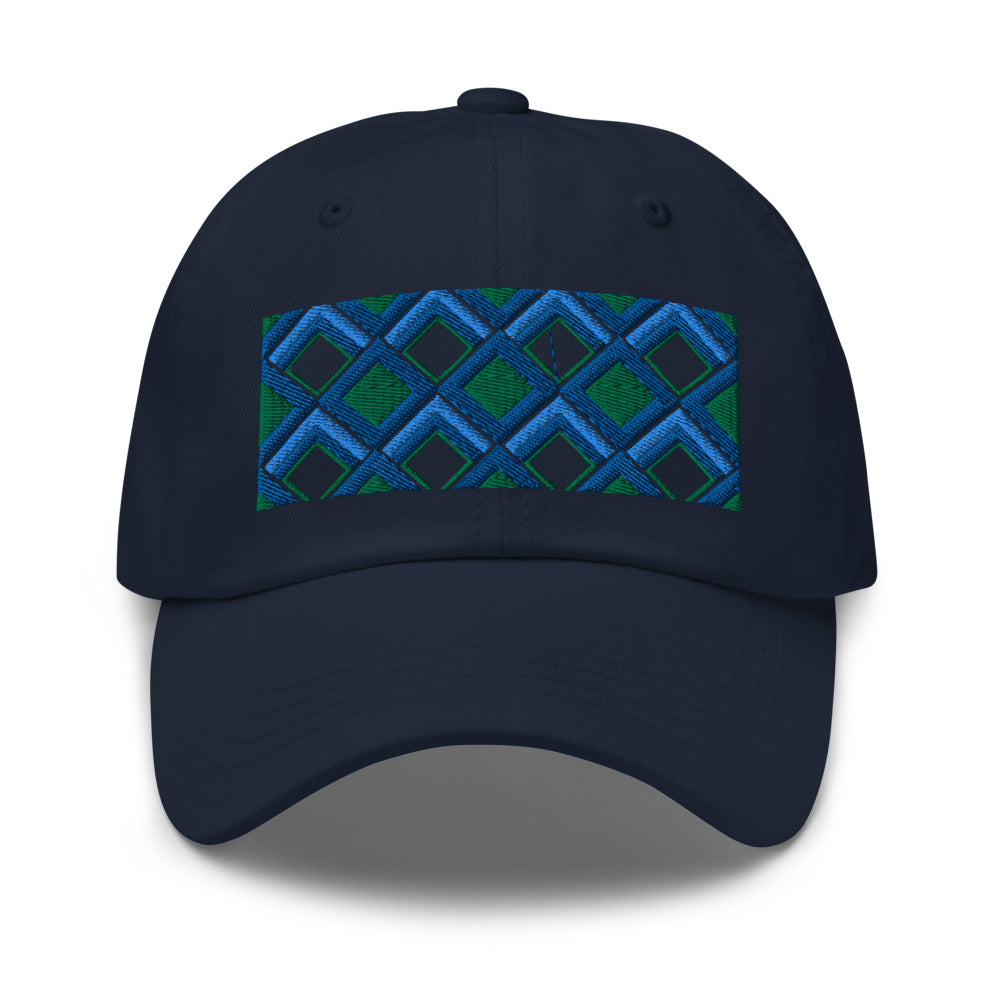 Blue diamonds with green and turquoise tones in this geometric 1960s inspired retro design logo on this dad hat