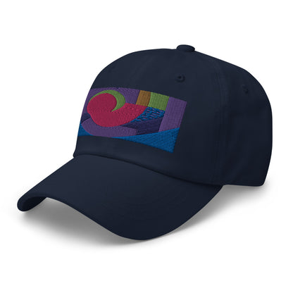 Navy dad hat with colorful rectangular logo containing blocks of colors of pink, purple, green and blue, curves and geometric shapes in a mid-century modernist abstract composition