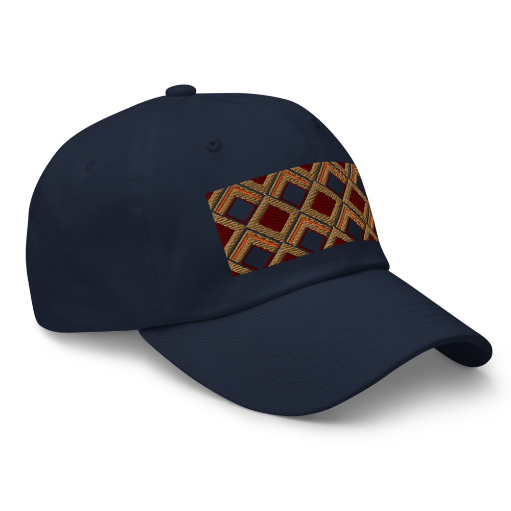 Brown diamonds with burgundy, orange and navy tones in this geometric 1960s inspired retro design logo on this dad hat