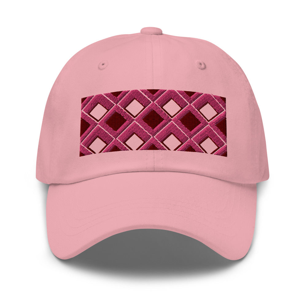 Pink diamonds with pink, burgundy and navy tones in this geometric 1960s inspired retro design logo on this dad hat