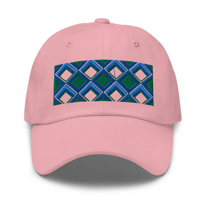 Blue diamonds with green and turquoise tones in this geometric 1960s inspired retro design logo on this dad hat